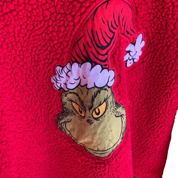 The Grinch Red Sherpa Unisex Pullover Christmas Hoodie Size XL Thumb Hole Cut‌‌‌ - Picture 3 of 8